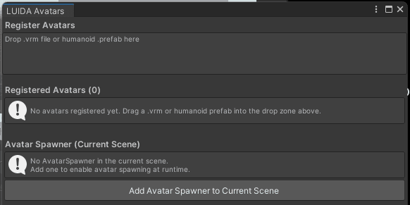 The LUIDA Avatars window with no avatars registered: a Register Avatars drop zone reading 'Drop .vrm file or humanoid .prefab here', an empty Registered Avatars (0) list, and an Add Avatar Spawner to Current Scene button.