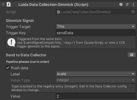 The Luida Data Collection Gimmick inspector with the Push data phase enabled.