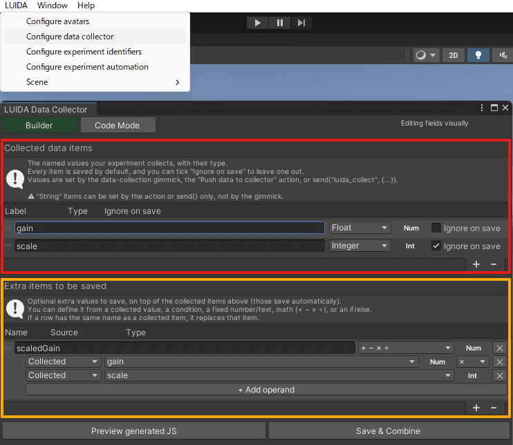 The Configure data collector window in Builder mode, showing the Collected data items list and the Extra items to be saved list.