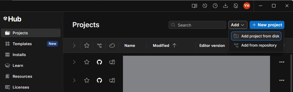 Opening the project from Unity Hub.