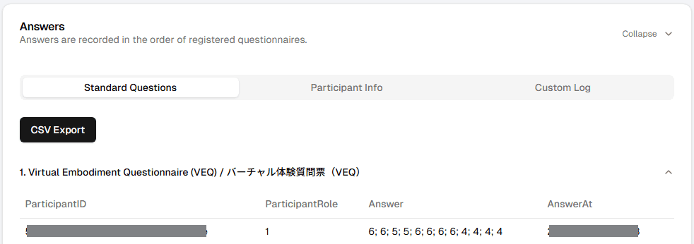 The VEQ answers from Hello LUIDA showing in the Web Console's questionnaire answer tab.