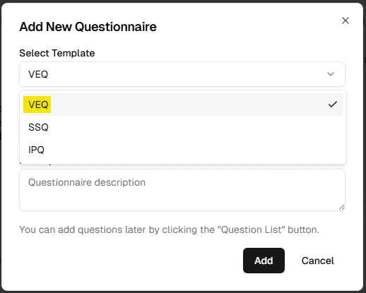 The Template Selection dropdown with VEQ chosen.