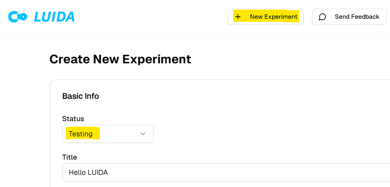The New Experiment form filled in with Title, Room capacity, and Status.