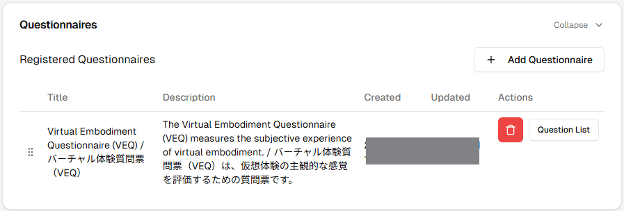 The Questionnaires section showing the newly added VEQ.
