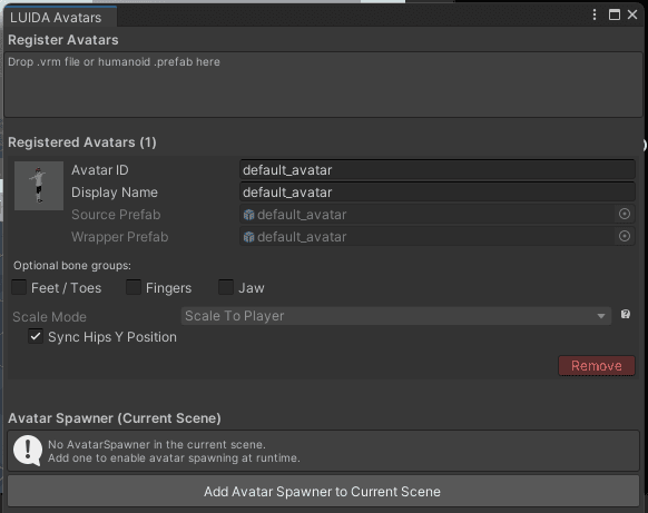 Configure avatars window with three registered avatars.