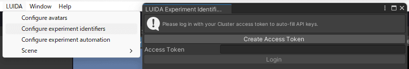 The Configure experiment identifiers window in its login state, with an info message reading 'Please log in with your Cluster access token to auto-fill API keys.', a Create Access Token button, an Access Token text field, and a Login button.