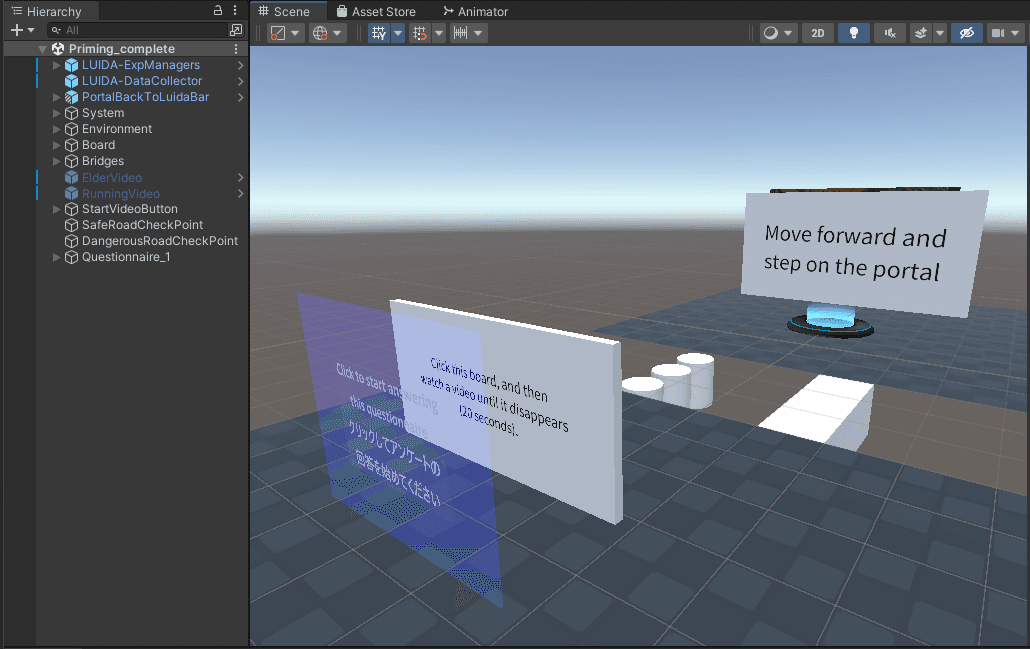 Unity Hierarchy with LUIDA-ExpManagers, LUIDA-DataCollector, and Questionnaire prefabs visible.