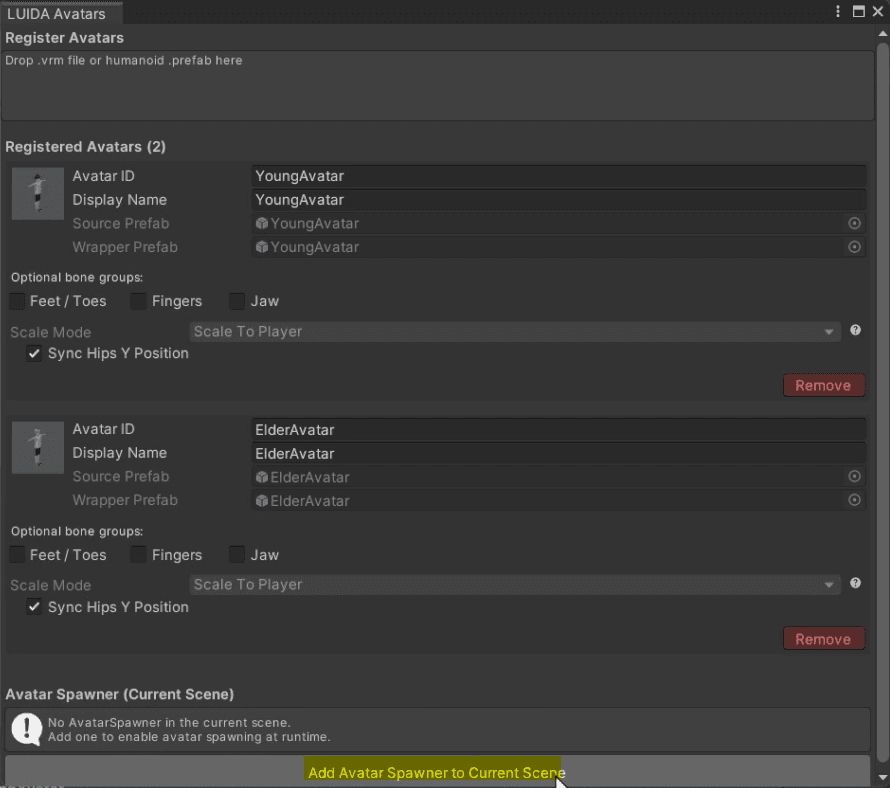 The Configure avatars window with both elder and young avatar prefabs registered.