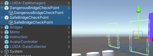 The Hierarchy showing SafeBridgeCheckPoint and DangerousBridgeCheckPoint each containing the original checkpoint cube as a child.