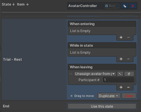 The AvatarController cell under Trial - Rest / When leaving with the Unassign avatar row.