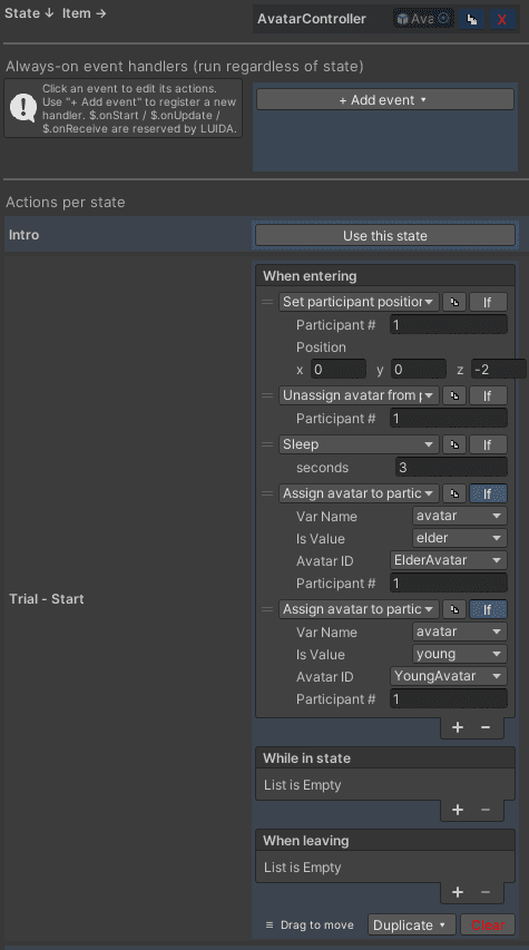 The AvatarController cell under Trial - Start / When entering with all five action rows configured.