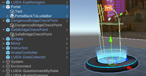 The Hierarchy showing Portal containing the WorldGateToLuidaBar prefab and an auto-spawned Text child.