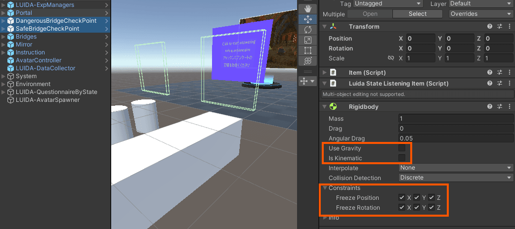 The Inspector showing a Rigidbody component with Use Gravity off, Is Kinematic off, and all six Freeze constraints ticked.