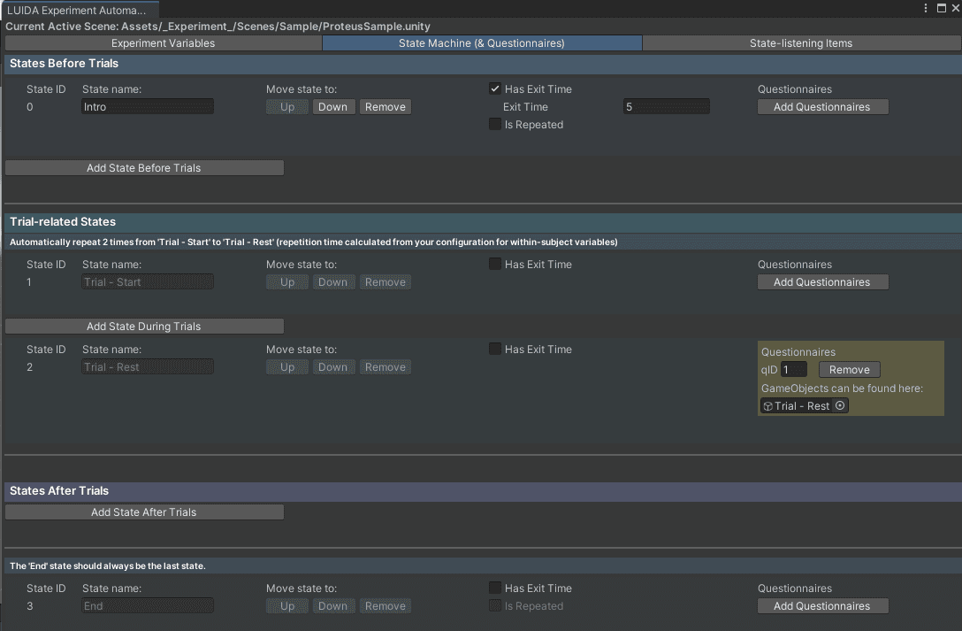 The State Machine tab showing the four states: Intro, Trial - Start, Trial - Rest, End.