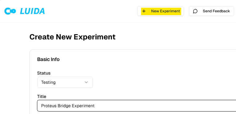 The Web Console New Experiment form with Title, Room capacity, and Status filled in.