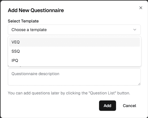 The Add Questionnaire dialog with Template Selection set to VEQ.