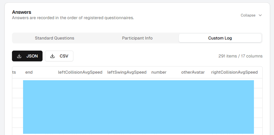 The Custom Logs sub-tab in the Data section, showing custom data rows sent from the Unity scene.
