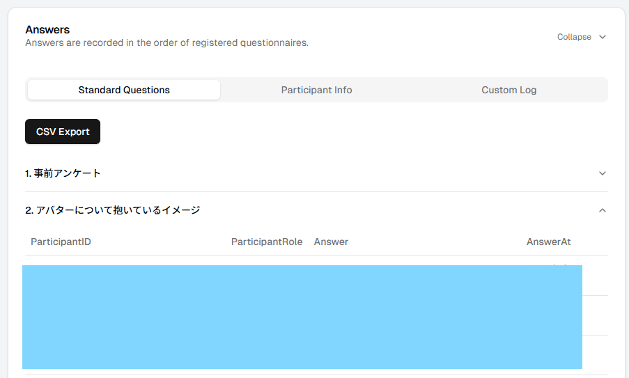 The Questionnaire Answers sub-tab in the Data section, showing rows joined to questionnaire and participant.