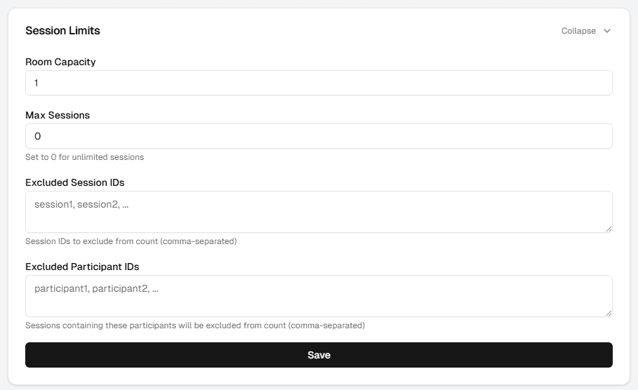 The Session Limits card on the experiment detail page, with Room Capacity and Max Sessions input fields.