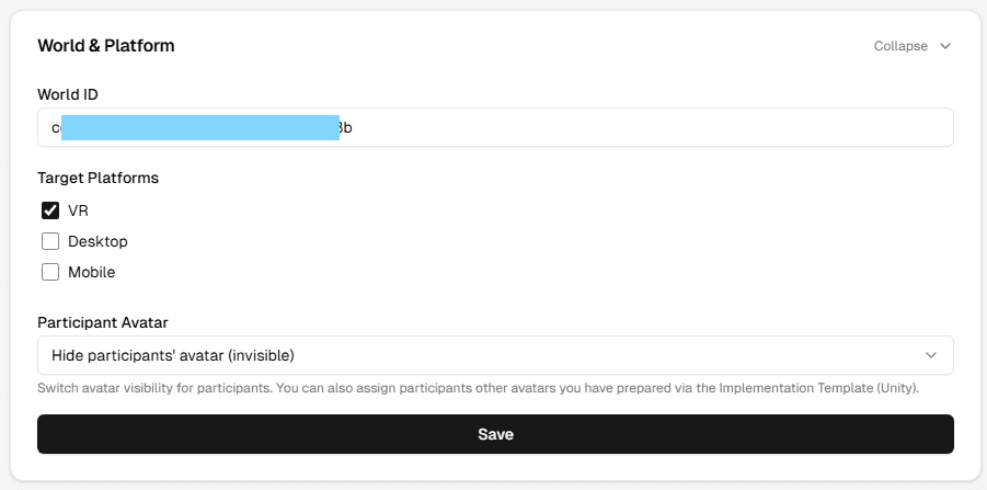The World & Platform card on the experiment detail page, with World ID, platform checkboxes, and the Participant Avatar dropdown.